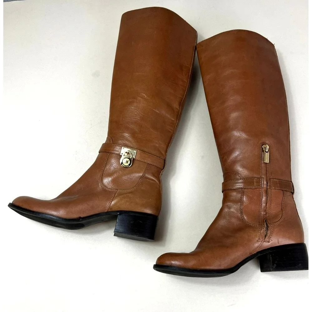 Michael Kors Hamilton Tall riding Boots Caramel Leather Padlock Logo 1/4 Zip, 8